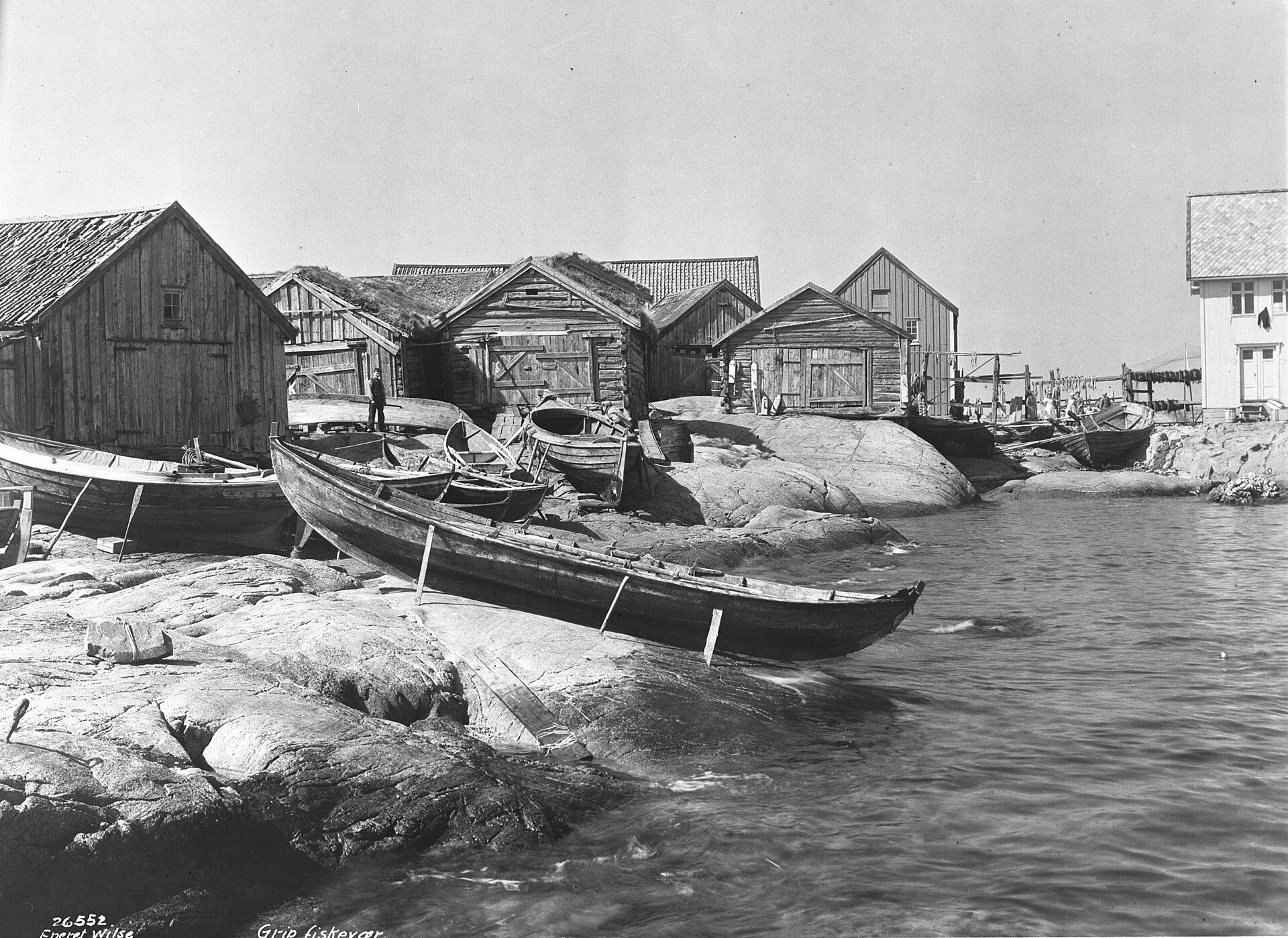 Grip settlement — tightly clustered fishermen's houses on the island of Grip, circa 1925