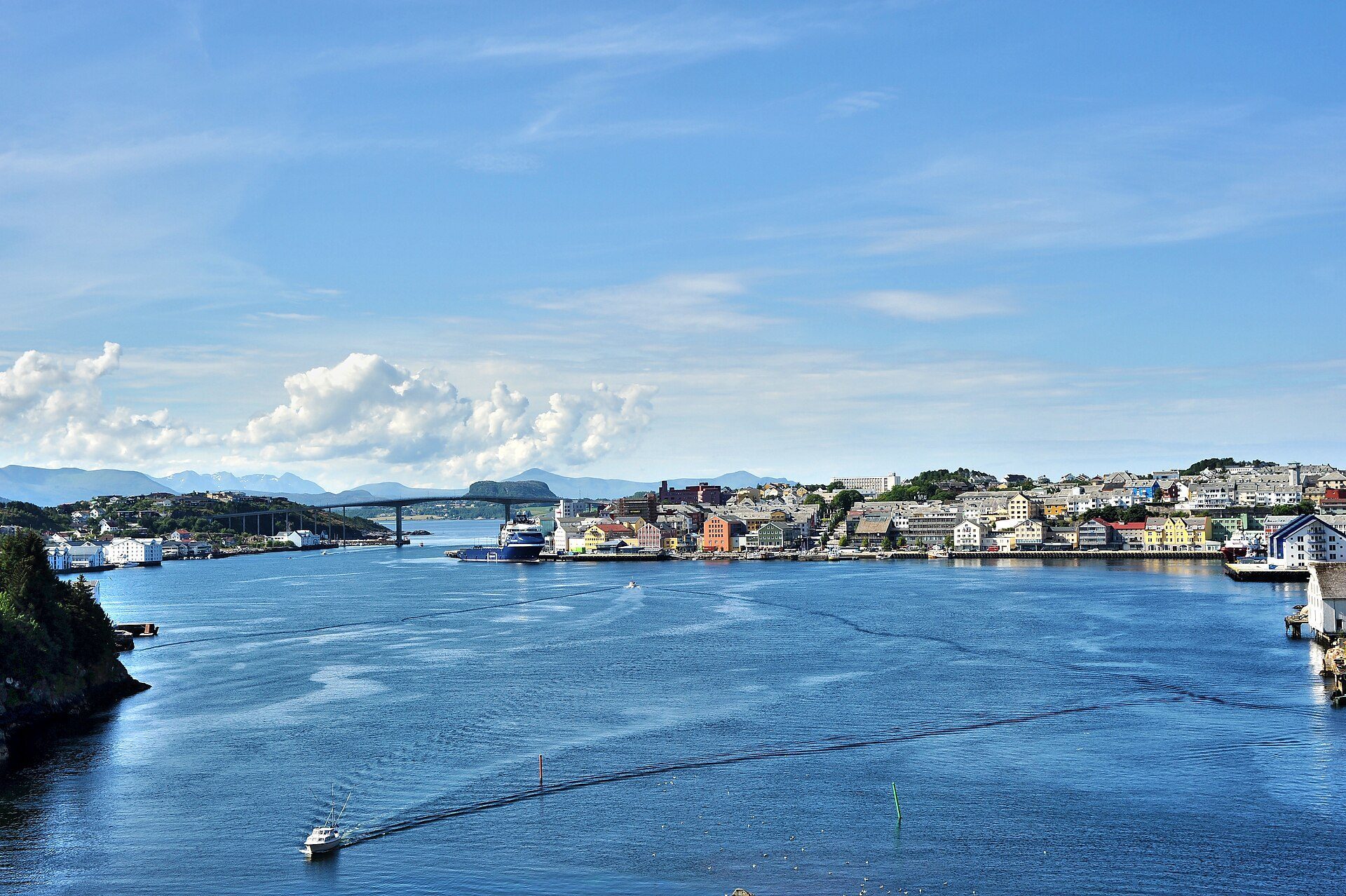 Kristiansund harbour waterfront with boats and colourful buildings, Norway