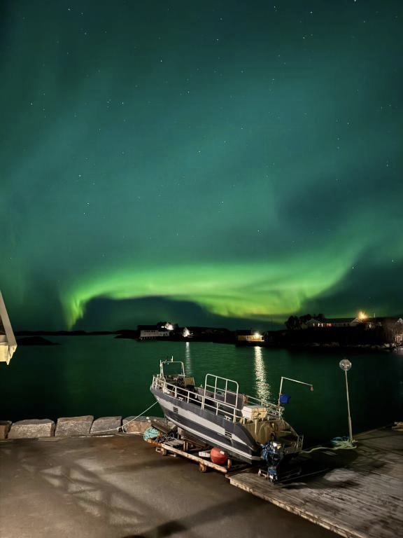 Northern lights over the harbour at Atlantic Road Seaside Housing