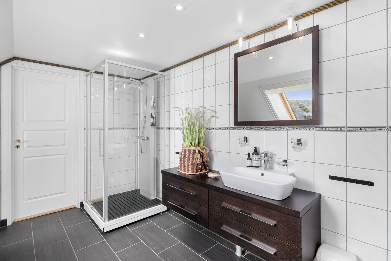Aurora Suite — bathroom with shower and dark vanity